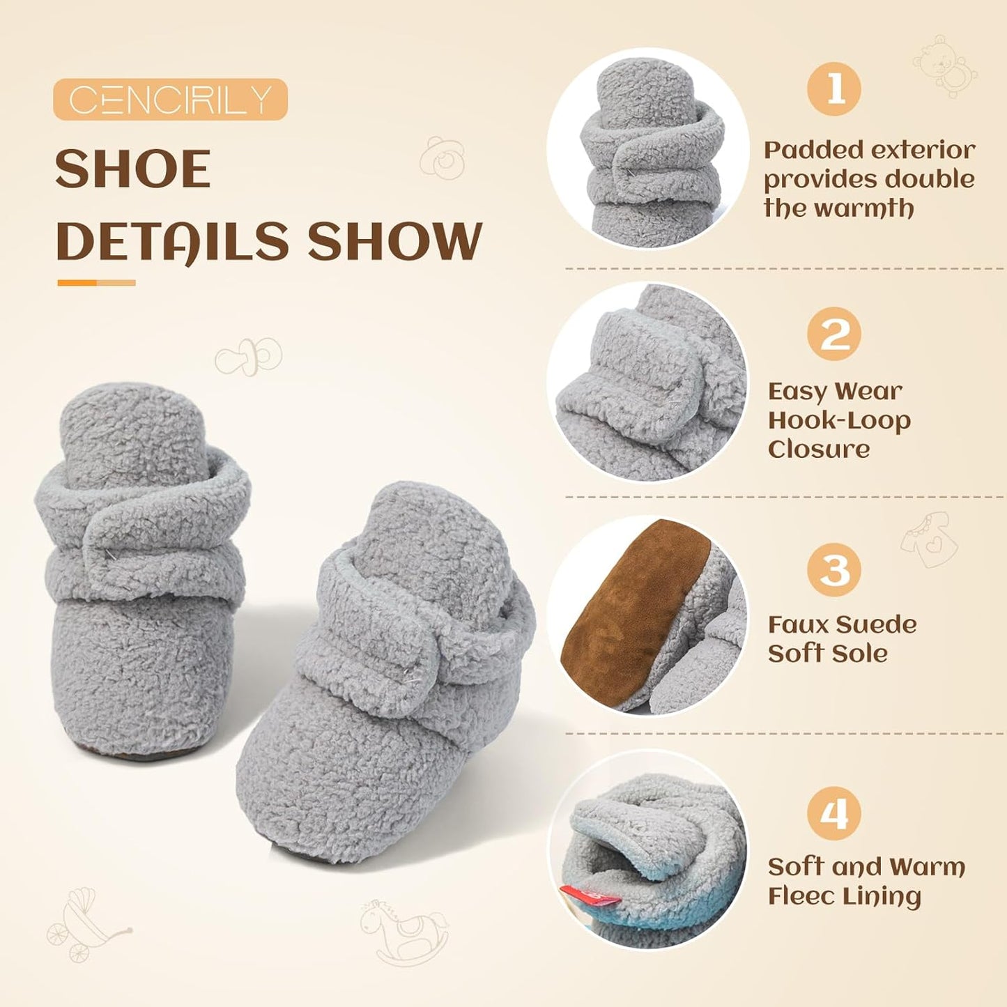 Newborn Baby Girls Cotton Booties Infant Boys Slippers Stay on Sock Soft Shoes Non Skid Ankle Boots with Grippers Winter Warm First Walkers Crib Shoes