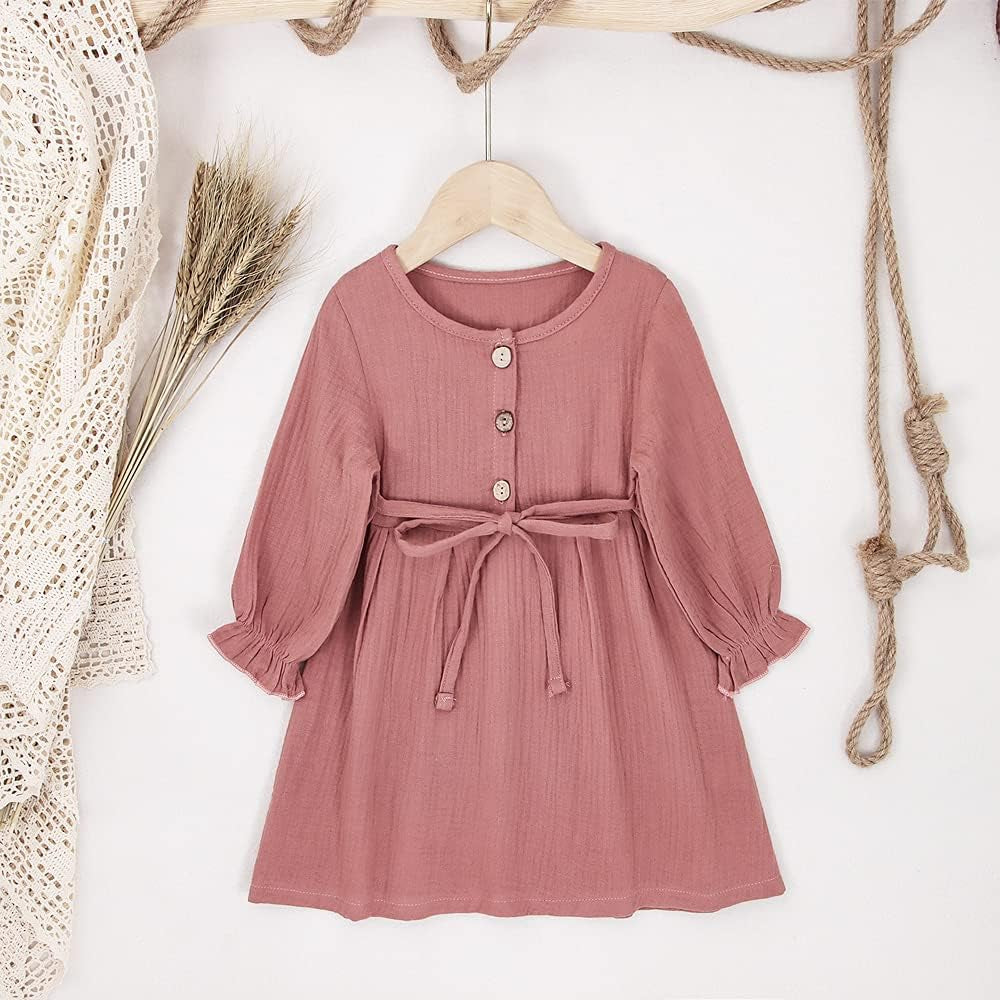 Toddler Baby Girl Cotton Linen Dress Long Sleeve Crew Neck Dresses Button down Dresses Casual Spring Fall Dress