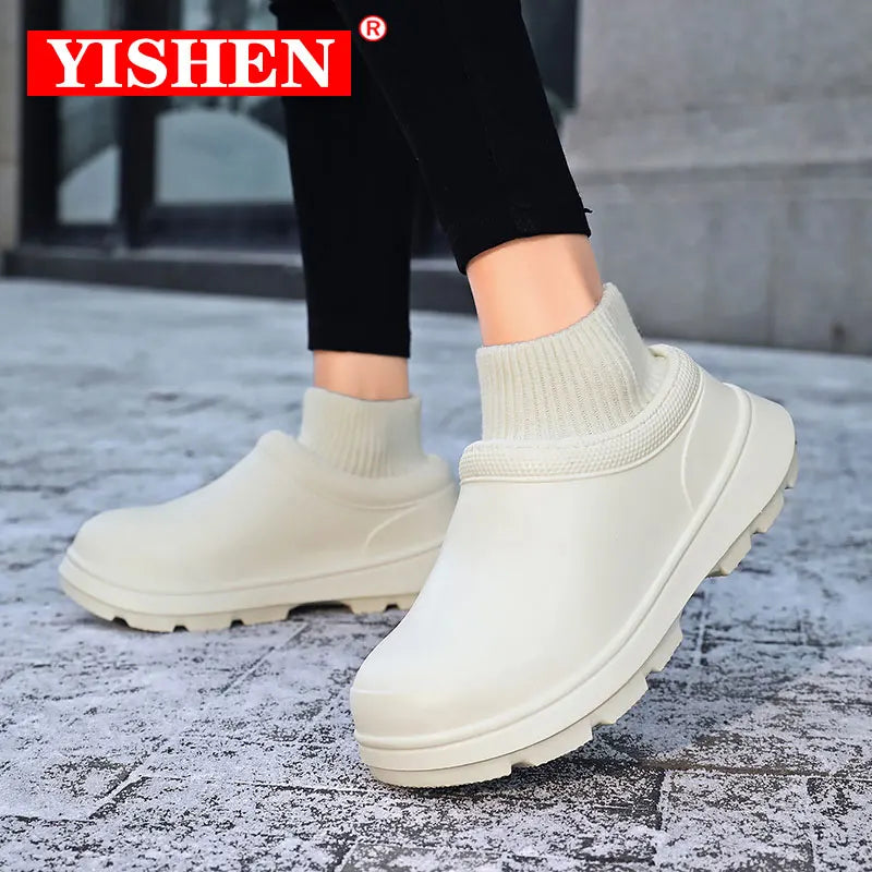 YISHEN Women Shoes Kitchen Work Shoes Oil-Resistant Waterproof Non-Slip Hotel Restaurant Chef Shoes Winter Flat Boots for Couple